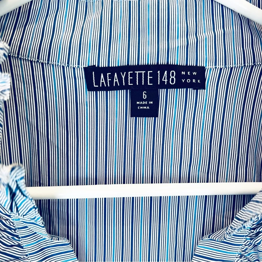 Lafayette 148 New York Blue and White Striped Ruffle-Front Button Blouse - Picture 3 of 5